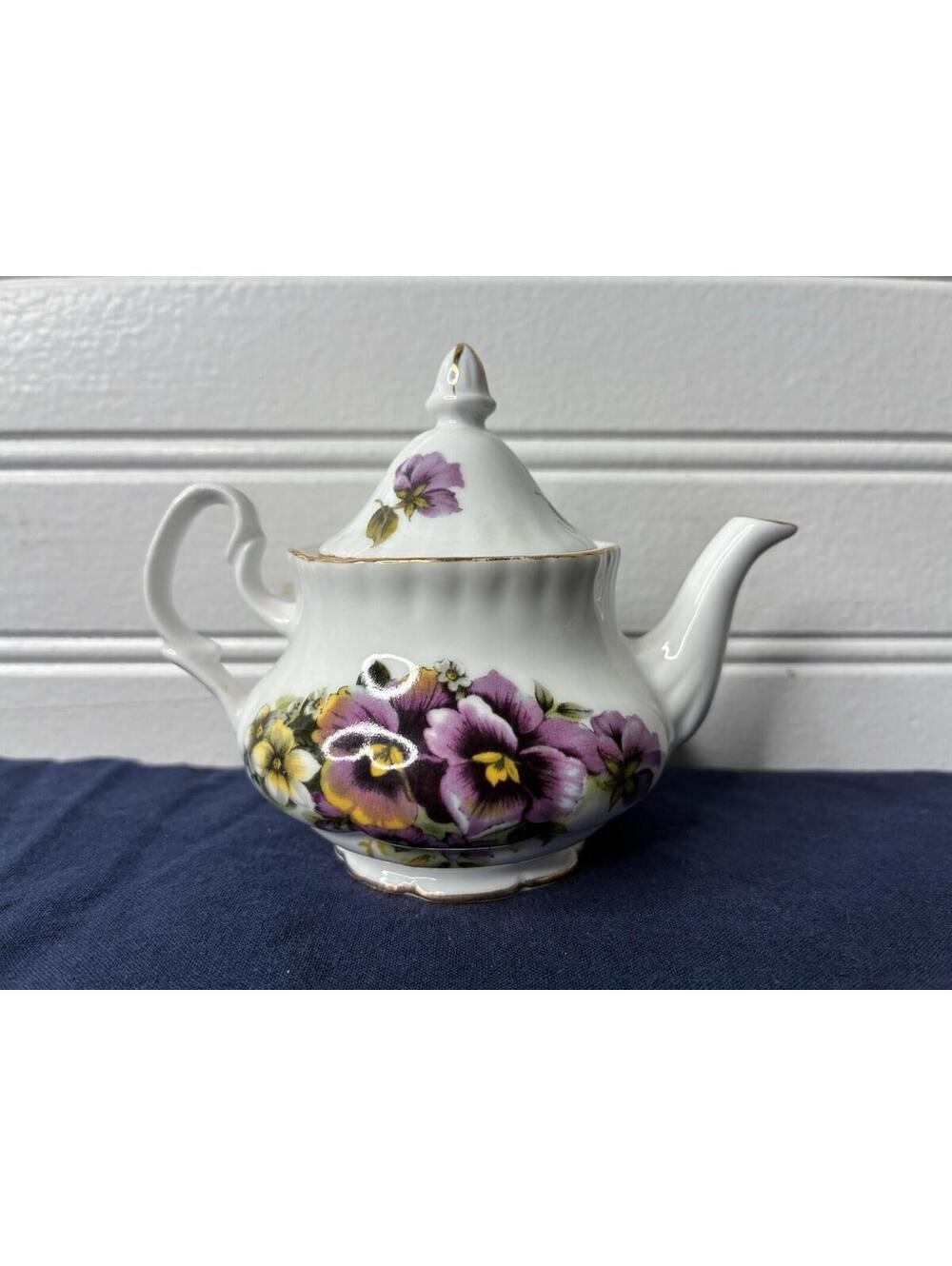 Miniature Vintage Ceramic Floral Round Teapot with Violets